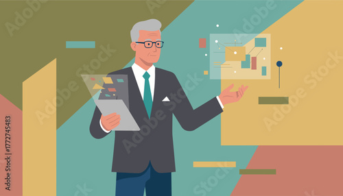 Executive using tablet and augmented reality interface for business analysis