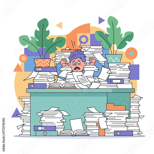 Stressed worker overwhelmed by huge piles of paperwork on the desk Deadline anxiety concept