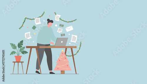 Busy person working remotely on a laptop during the festive holiday season handling high workload
