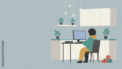 Person using PC at home decorated for winter holidays Remote work or gaming concept