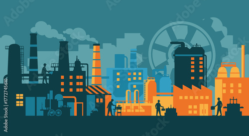 Manufacturing industry concept Factories smokestacks and worker silhouettes under a gear motif