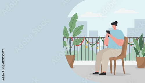 Relaxing on a festive balcony man uses smartphone with city view