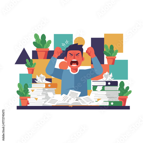 Angry worker stressed and overwhelmed by heavy workload and desk filled with documents