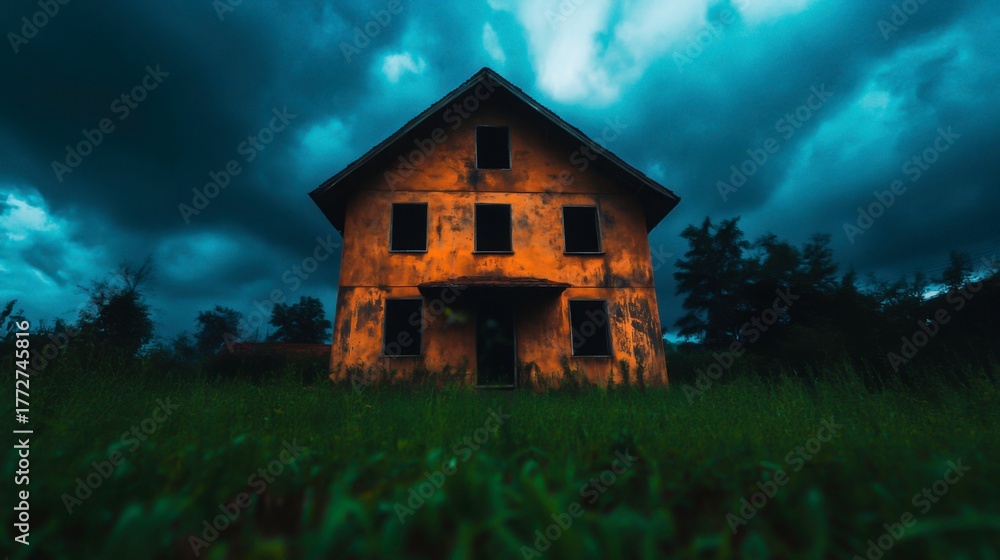 Fototapeta premium Abandoned Old House Under Dramatic Sky with Dark Clouds and Wild Grass