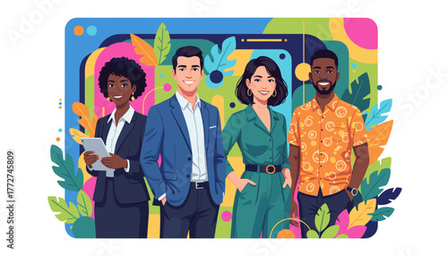 Diverse professional team portrait against a vibrant abstract background symbolizing collaboration and growth