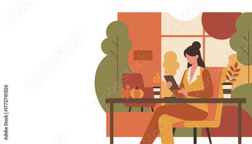 Professional woman uses a tablet while enjoying autumn views and coffee Digital lifestyle