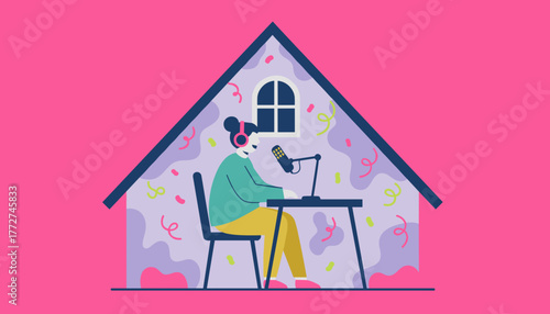 Woman podcasting or broadcasting from a vibrant home studio Remote work online content creation