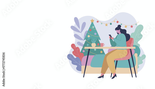 Cozy holiday scene Woman texts on phone next to a decorated Christmas tree Digital seasonal greeting