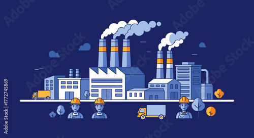 Industrial factory building workers and logistics trucks Production and supply chain concept