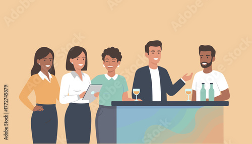 Diverse professional group networking at a corporate event or bar celebrating success and collaboration