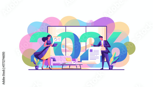 Business people planning goals for 2026 New year strategy and future development illustration