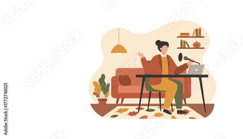 Remote worker hosts a podcast in a cozy fall setting Home broadcast recording audio