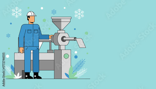 Industrial worker in blue uniform operating cold processing machinery Winter production illustration
