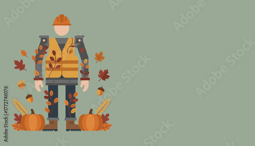 Fall harvest construction worker illustration with hard hat safety vest leaves and pumpkins