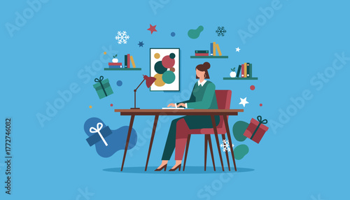 Working woman at office desk surrounded by floating holiday gifts and winter decor Flat vector illustration