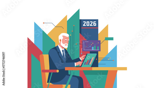 Senior executive analyzing 2026 financial data on laptop Business growth strategy