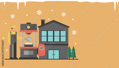 Worker operating industrial machinery outside a factory building in the snow