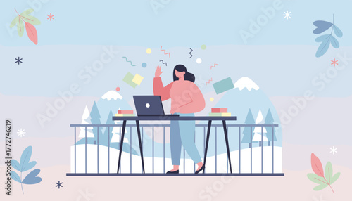 Digital nomad celebrating success while working remotely in a peaceful winter mountain retreat