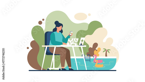 Woman working poolside on laptopphone Remote job digital nomad and flexible lifestyle