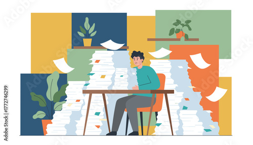 Stressed worker swamped by overwhelming paperwork and workload symbolizing burnout