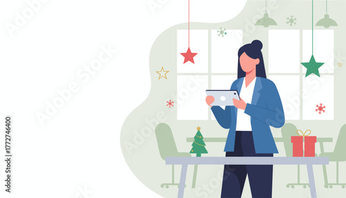 Corporate holiday season Businesswoman uses tablet in a festive office setting