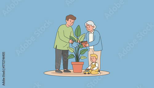 Three generations bonding while watering a houseplant symbolizing family care connection and growth