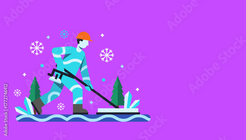 Professional worker clearing snow and ice in winter Industry maintenance illustration