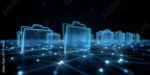 Illuminated digital file containers sit upon a glowing network grid in dark space