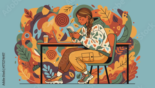 Cozy fall remote work Woman using laptop and phone surrounded by vibrant autumn foliage in flat design