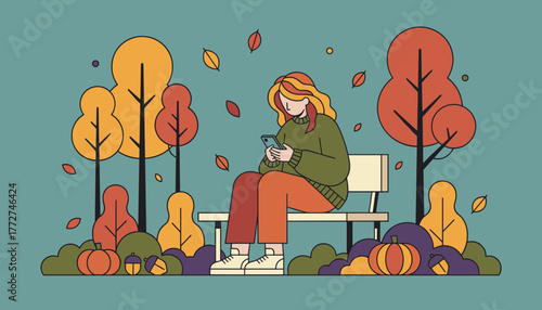 Young woman texting on a phone in an autumn park bench illustration Seasonal leisure