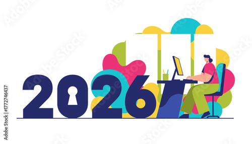Planning future goals for 2026 Flat design illustration of person working with keyhole symbol