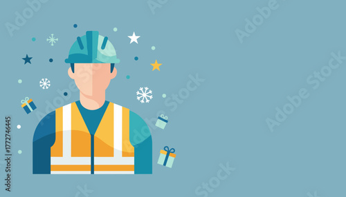 Worker in hard hat and vest surrounded by winter gifts Industry holiday greeting with copy space