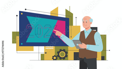 Older businessman planning 2026 strategy using technology Future goals and presentation