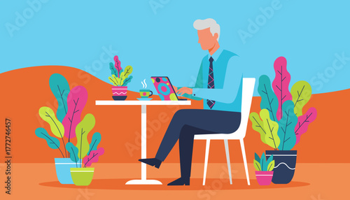 Remote worker uses laptop at an outdoor table with coffee and vibrant plants Digital nomad concept