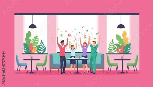 Diverse group celebrates success with confetti in a bright modern interior Achievement and teamwork