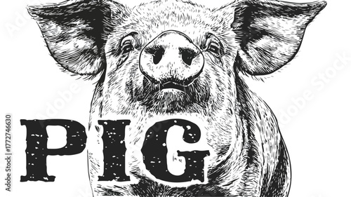 Cute Pig with Ring on Face and Pig Word Vector Illustration