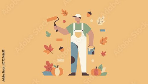 Professional painter in overalls holding a roller and paint can surrounded by autumn leaves and pumpkins