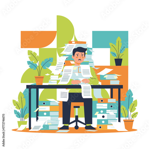 Overwhelmed businessman buried in paperwork reflecting stress bureaucracy and debt