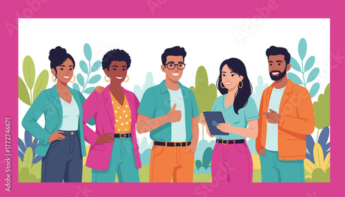 Diverse business team smiling confidently in a leafy setting symbolizing success and collaboration