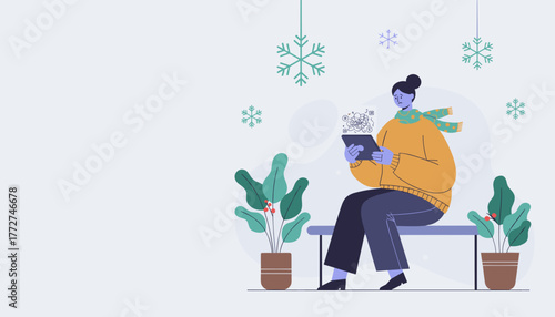 Woman feeling overwhelmed or depressed while using a tablet in a winter setting representing mental health issues