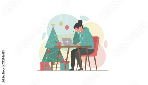 Crying woman stressed working on laptop during Christmas holiday Seasonal depression and loneliness concept