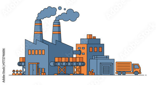 Industrial factory building with conveyor belts truck and smokestacks Production and logistics concept
