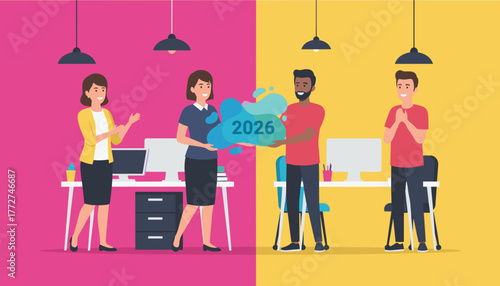 Teamwork and collaboration setting 2026 goals in a vibrant office environment