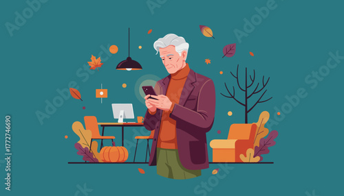 Senior man using smartphone in a cozy autumnthemed room Technology and seasonal lifestyle