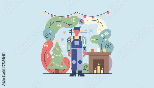 Festive repairman ready for winter service standing by a Christmas tree and fireplace