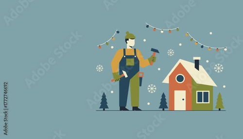 Handyman doing winter home repair next to a colorful house under festive holiday lights