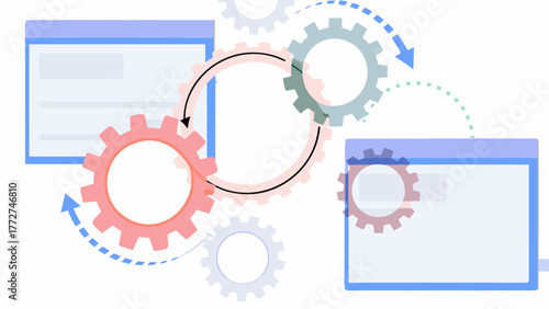 Interconnected gears and digital interfaces illustrating a seamless workflow and data processing in a modern technological system