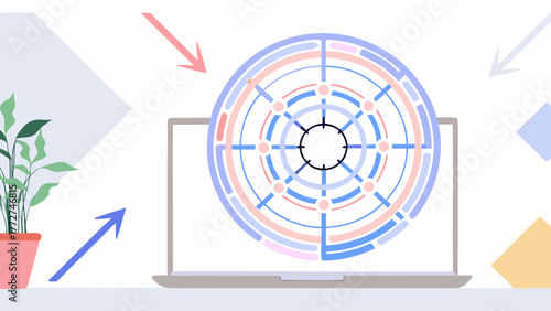 Abstract digital circular data visualization on laptop screen with arrows and geometric shapes in a modern office setting