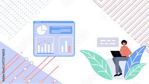 Person working on laptop with data analytics charts and graphs on screen in modern flat design style