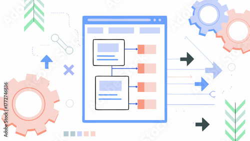 Abstract flat illustration of a workflow diagram with gears and arrows representing process and data flow